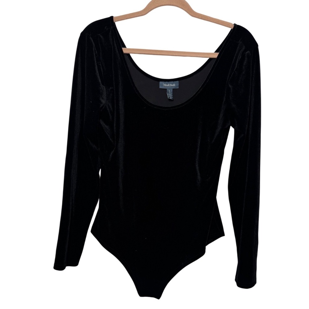 ModCloth Velvet Long Sleeve Scoop Neck Bodysuit L Black Excellent Stretch Snap